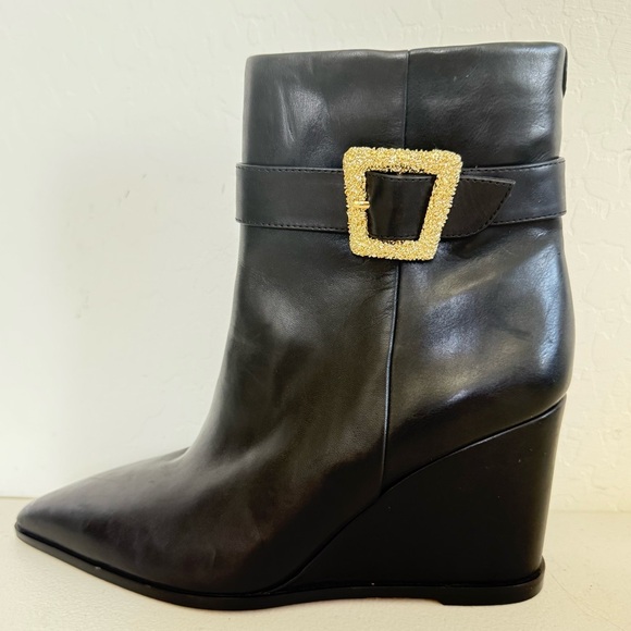 NEW Sam Edelman Weslie Buckled Black Leather Wedge Booties Women’s Size 9